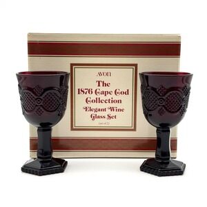 Avon 1876 Cape Cod Collection Wine Glass Set 2 Deep Red Glass 1992